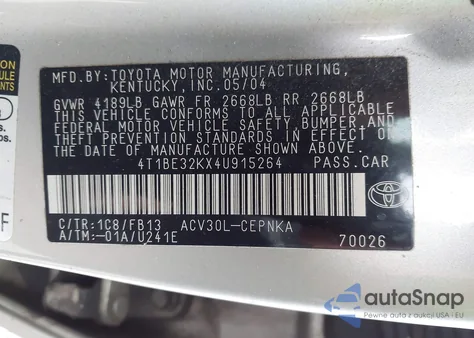 2004 Toyota Camry Le из США, поврежденный, VIN 4T1BE32KX4U915264